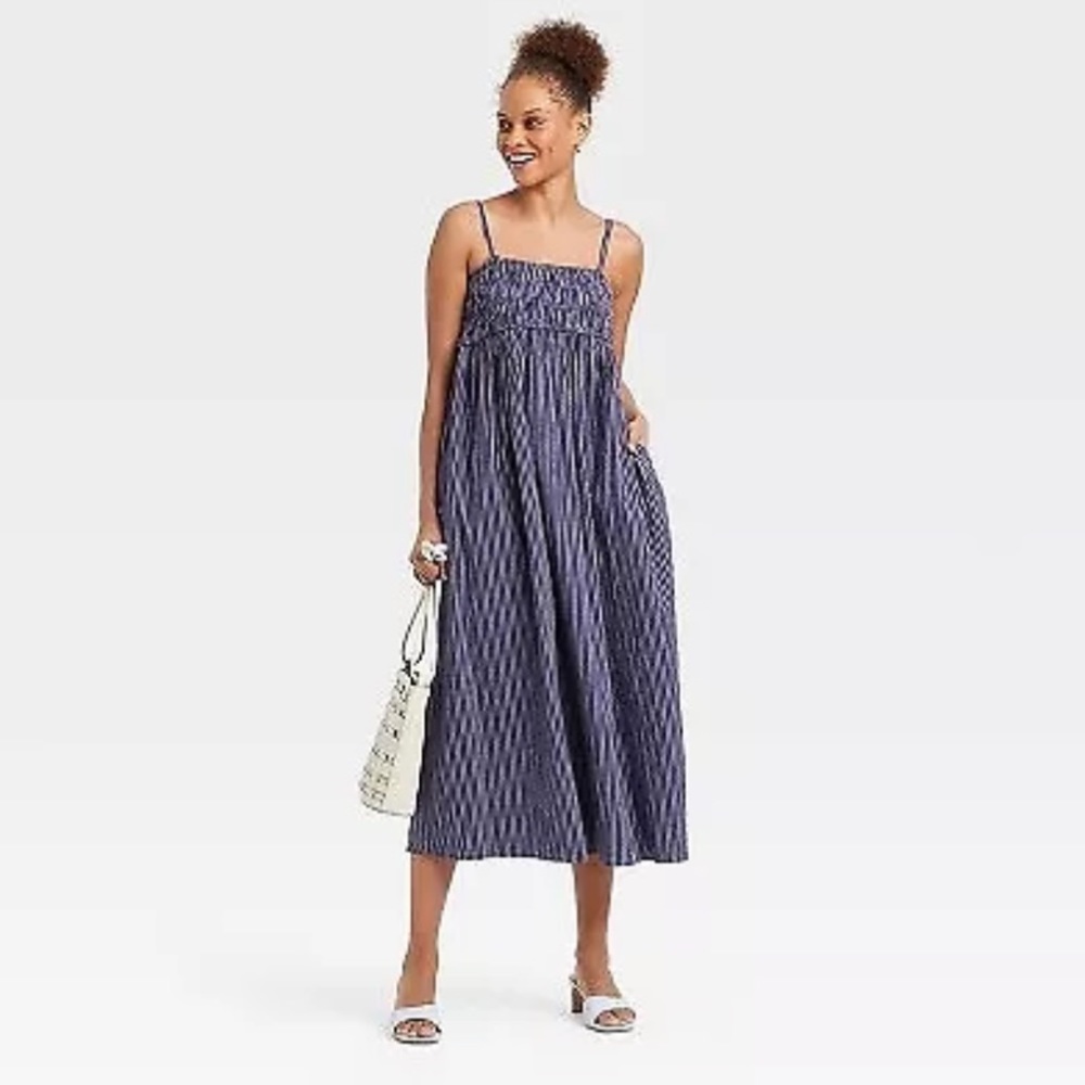 A New Day Striped Smocked Navy Blue Slip Maxi Dress NEW XXL